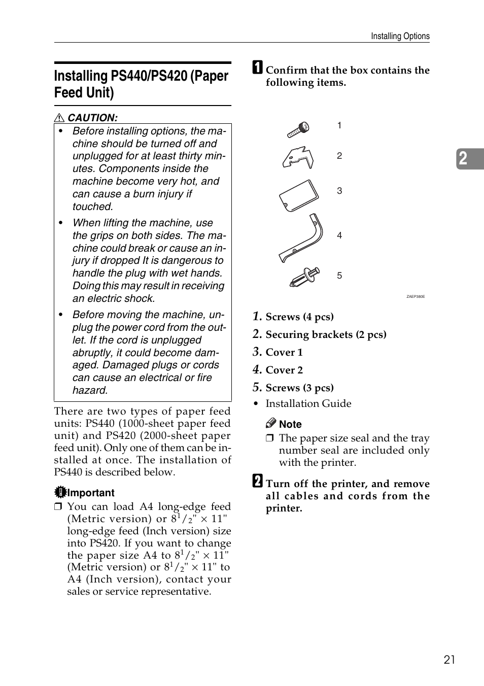 Installing ps440/ps420 (paper feed unit), P.21 “installing, Ps440/ps420 (paper feed unit) | Ricoh Aficio AP3200 User Manual | Page 37 / 102