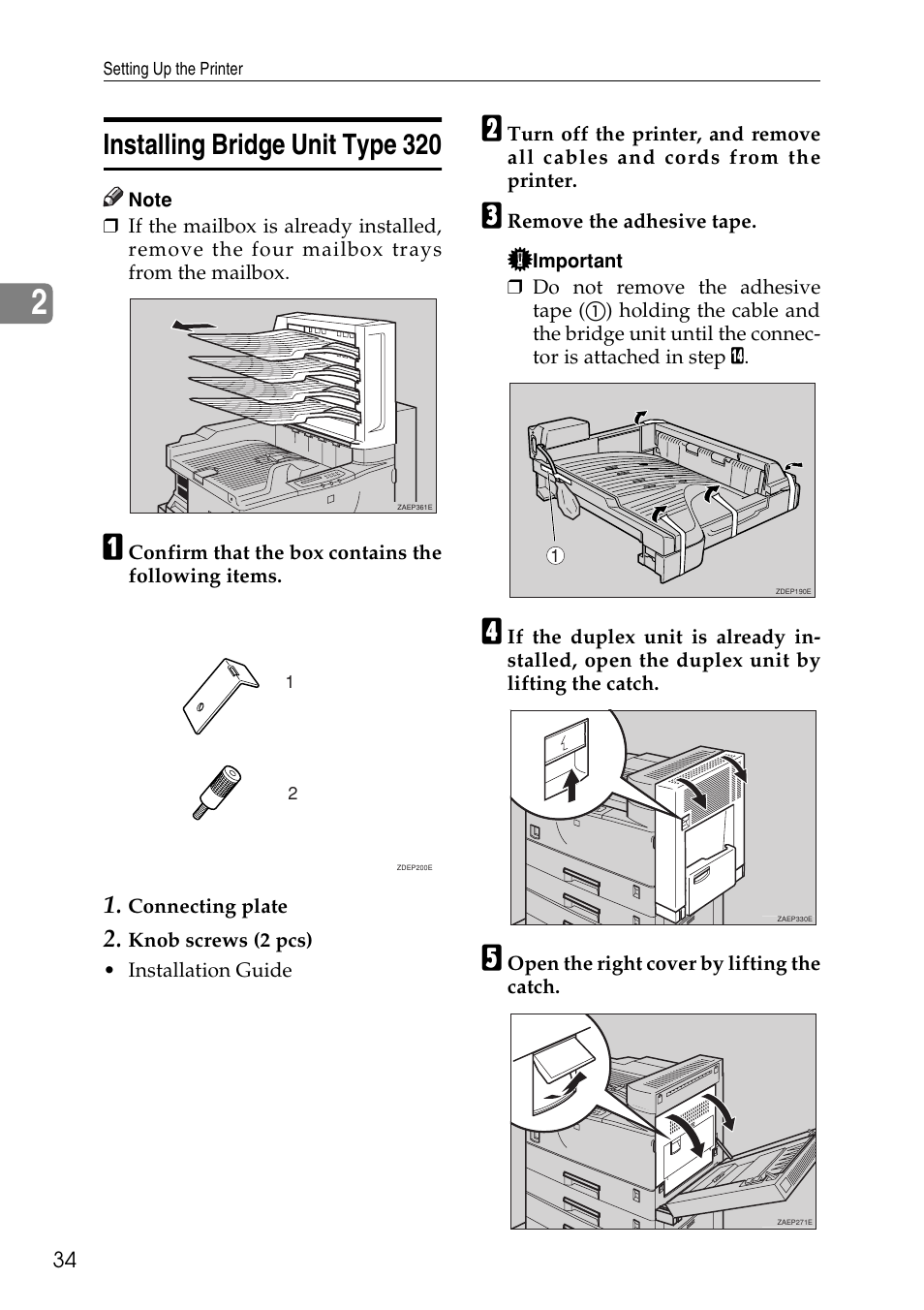 Installing bridge unit type 320, P.34 “install, Ing bridge unit type 320 | Ricoh Aficio AP3200 User Manual | Page 50 / 102