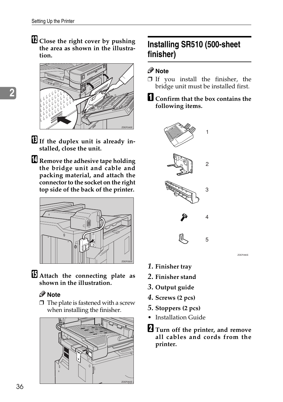 Installing sr510 (500-sheet finisher), P.36 “installing, Sr510 (500-sheet finisher) | Ricoh Aficio AP3200 User Manual | Page 52 / 102