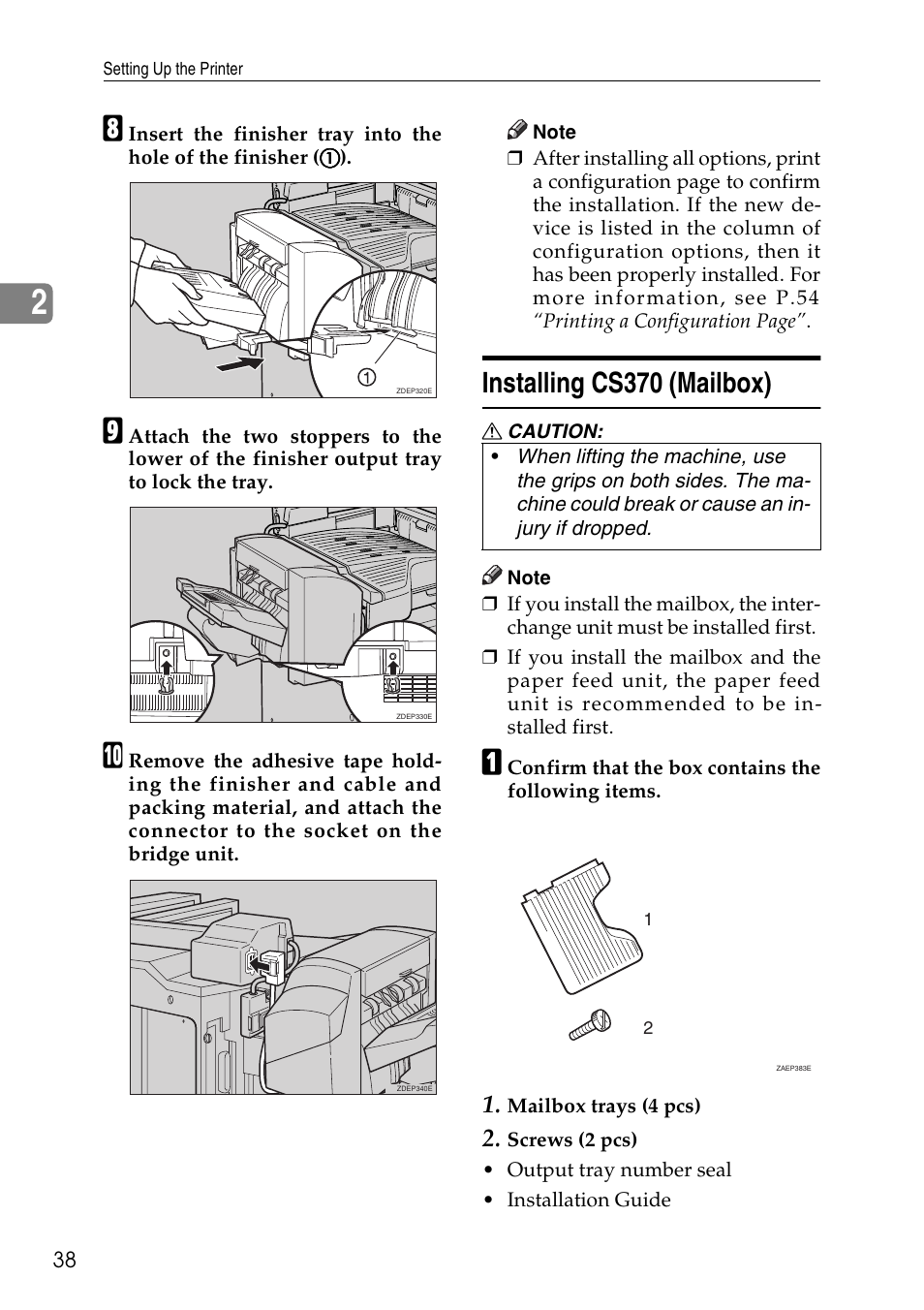 Installing cs370 (mailbox), P.38 “install, Ing cs370 (mailbox) | Ricoh Aficio AP3200 User Manual | Page 54 / 102