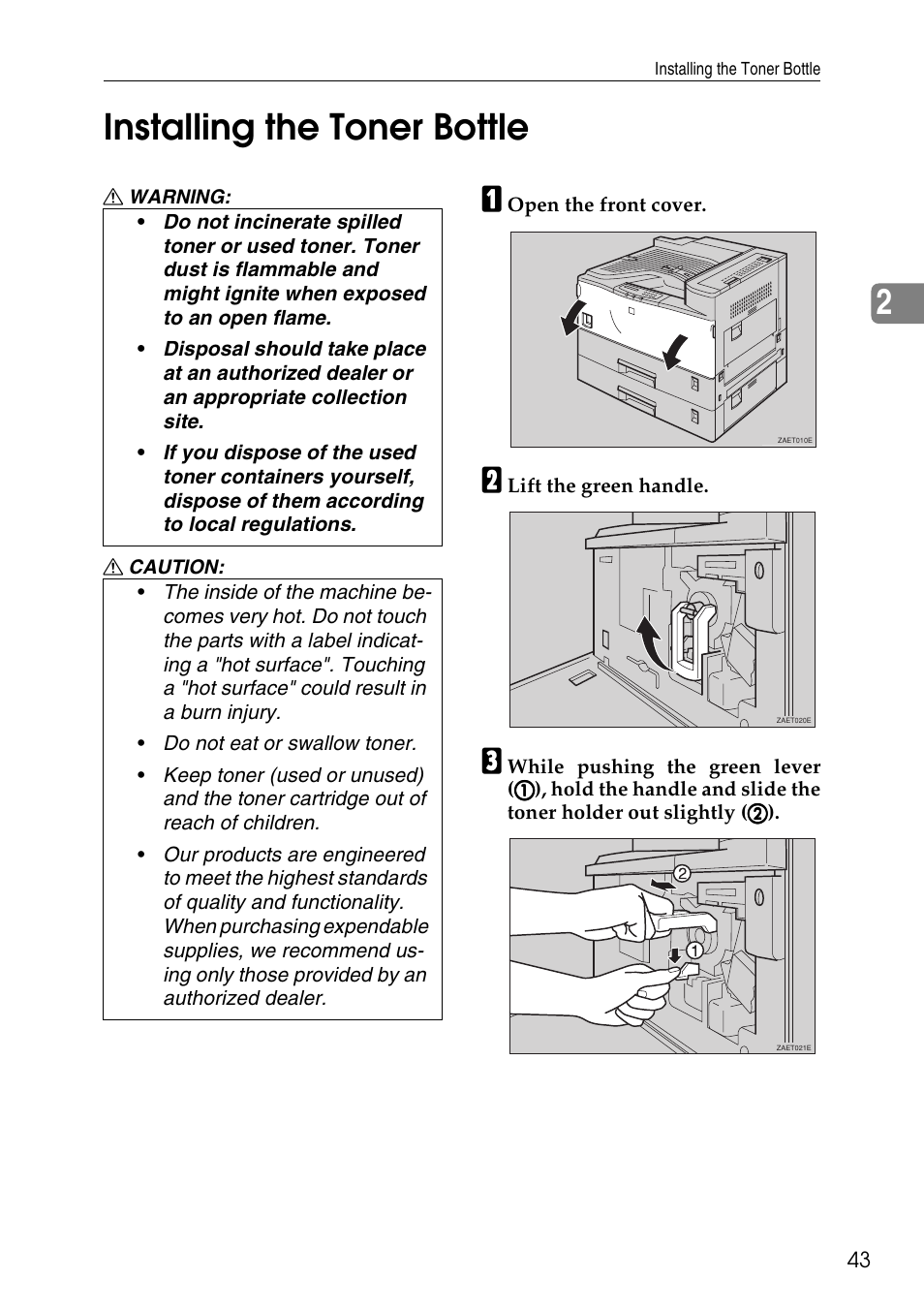 Installing the toner bottle, 2installing the toner bottle | Ricoh Aficio AP3200 User Manual | Page 59 / 102