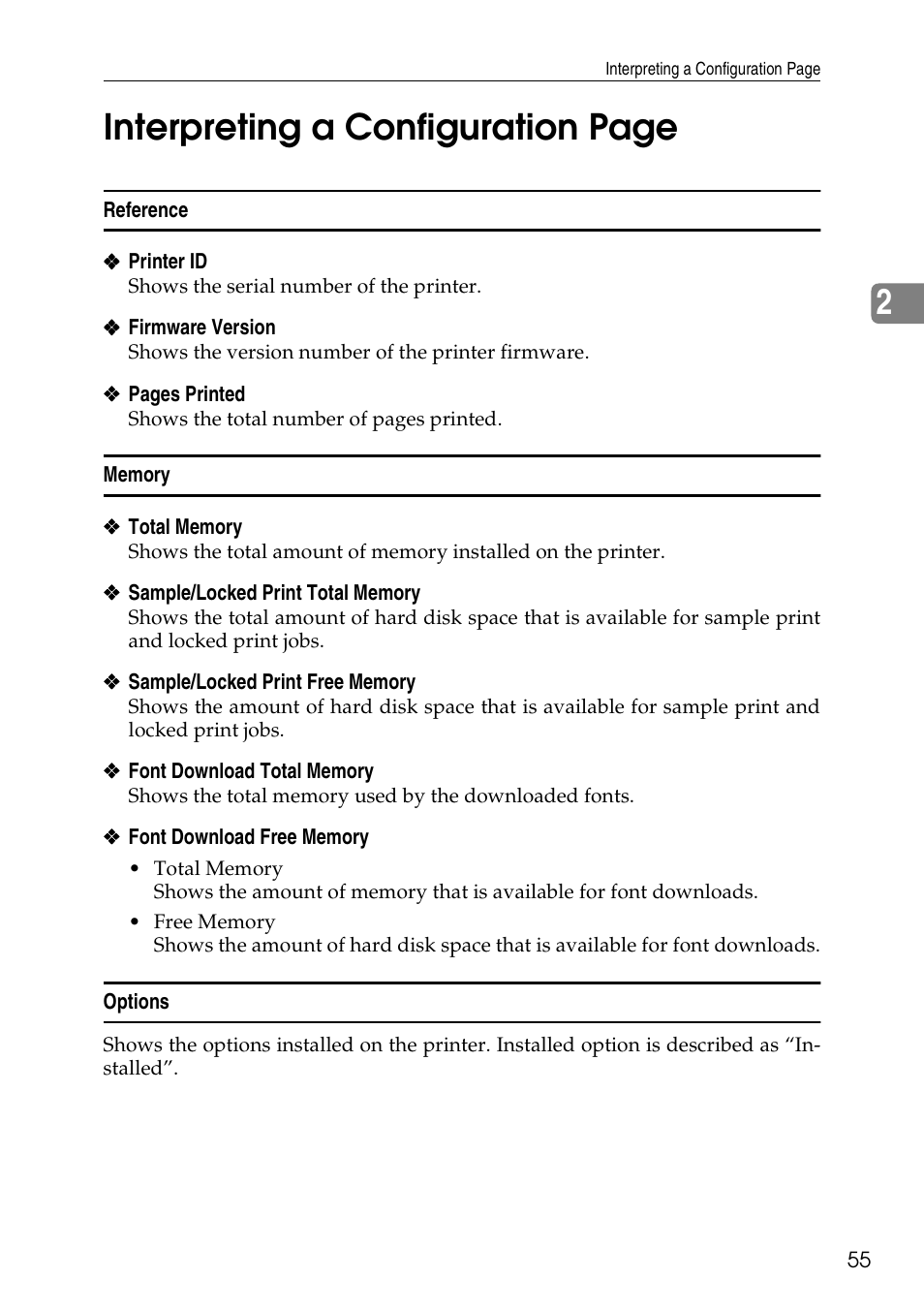 2interpreting a configuration page | Ricoh Aficio AP3200 User Manual | Page 71 / 102