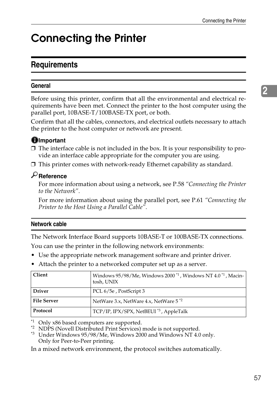 Connecting the printer, Requirements, 2connecting the printer | Ricoh Aficio AP3200 User Manual | Page 73 / 102