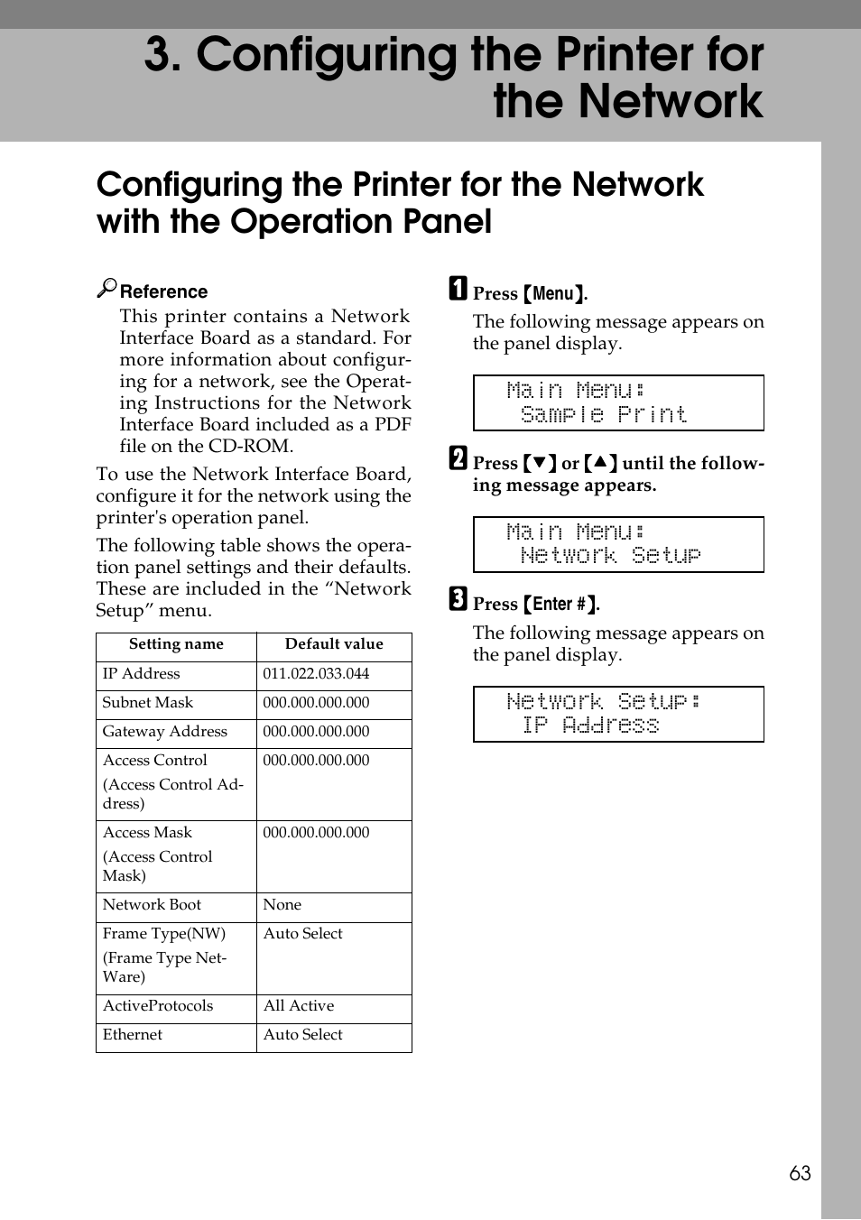 Configuring the printer for the network, Main menu: sample print, Main menu: network setup | Network setup: ip address | Ricoh Aficio AP3200 User Manual | Page 79 / 102