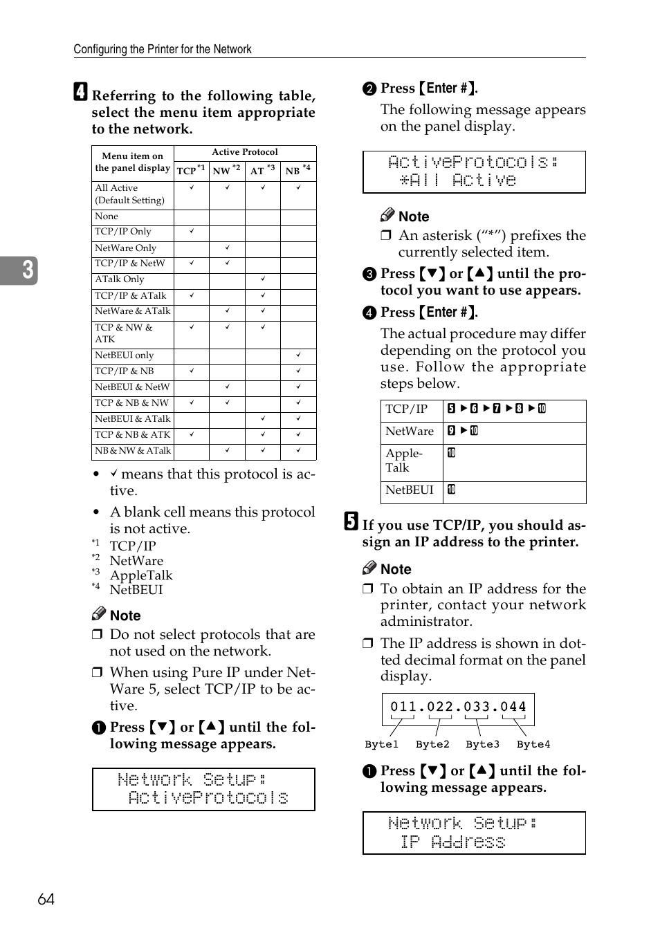 Network setup: activeprotocols, Activeprotocols: *all active, Network setup: ip address | Ricoh Aficio AP3200 User Manual | Page 80 / 102