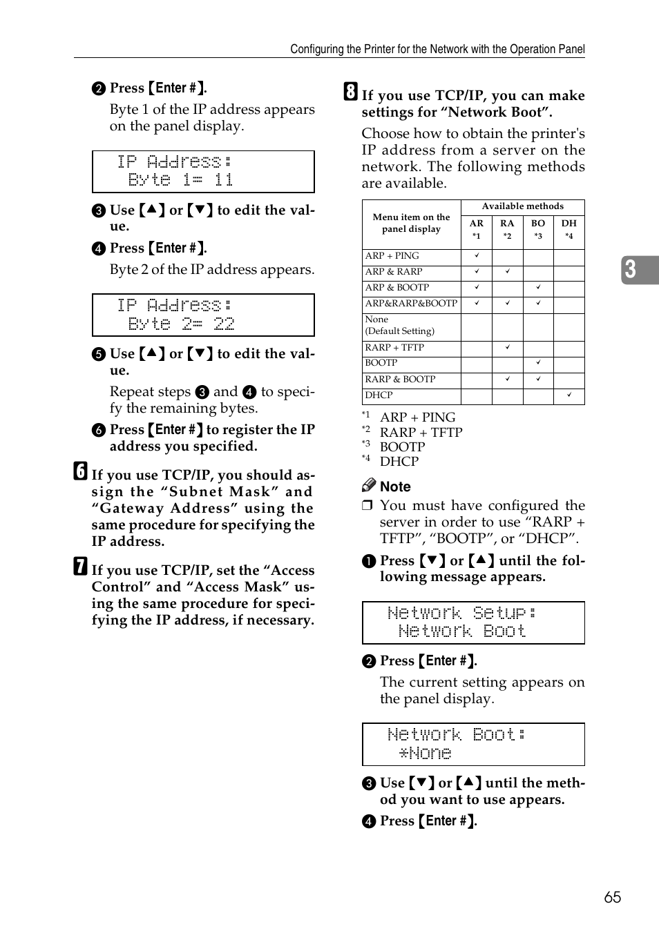 Ip address: byte 1= 11, Ip address: byte 2= 22, Network setup: network boot | Network boot: *none | Ricoh Aficio AP3200 User Manual | Page 81 / 102