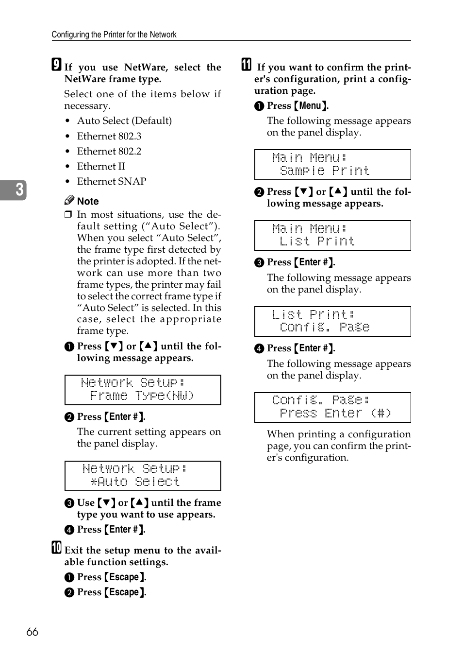 Network setup: frame type(nw), Network setup: *auto select, Main menu: sample print | Main menu: list print, List print: config. page, Config. page: press enter (#) | Ricoh Aficio AP3200 User Manual | Page 82 / 102