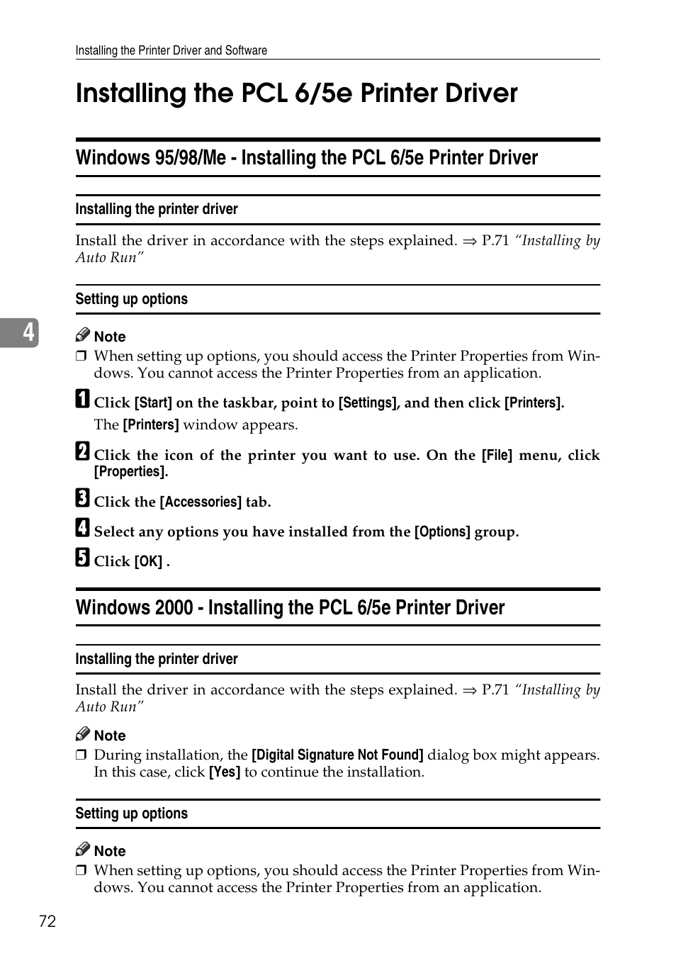 Installing the pcl 6/5e printer driver, See p.72 “installing the pcl 6/5e printer driver, 4installing the pcl 6/5e printer driver | Ricoh Aficio AP3200 User Manual | Page 88 / 102