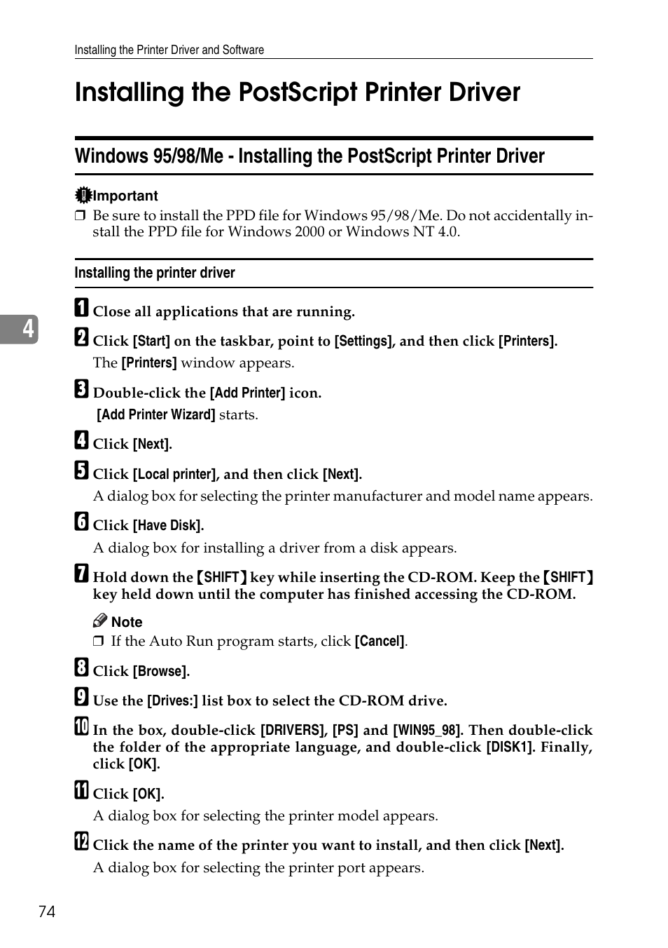 Installing the postscript printer driver, P.74 “installing the postscript printer driver, 4installing the postscript printer driver | Ricoh Aficio AP3200 User Manual | Page 90 / 102
