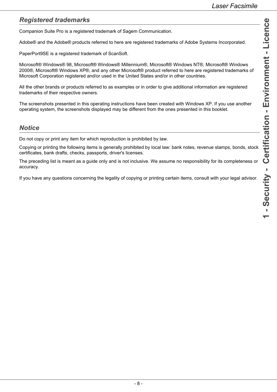 Registered trademarks, Notice, Notice 8 | Laser facsimile | Ricoh LASER FACSIMILE User Manual | Page 11 / 59