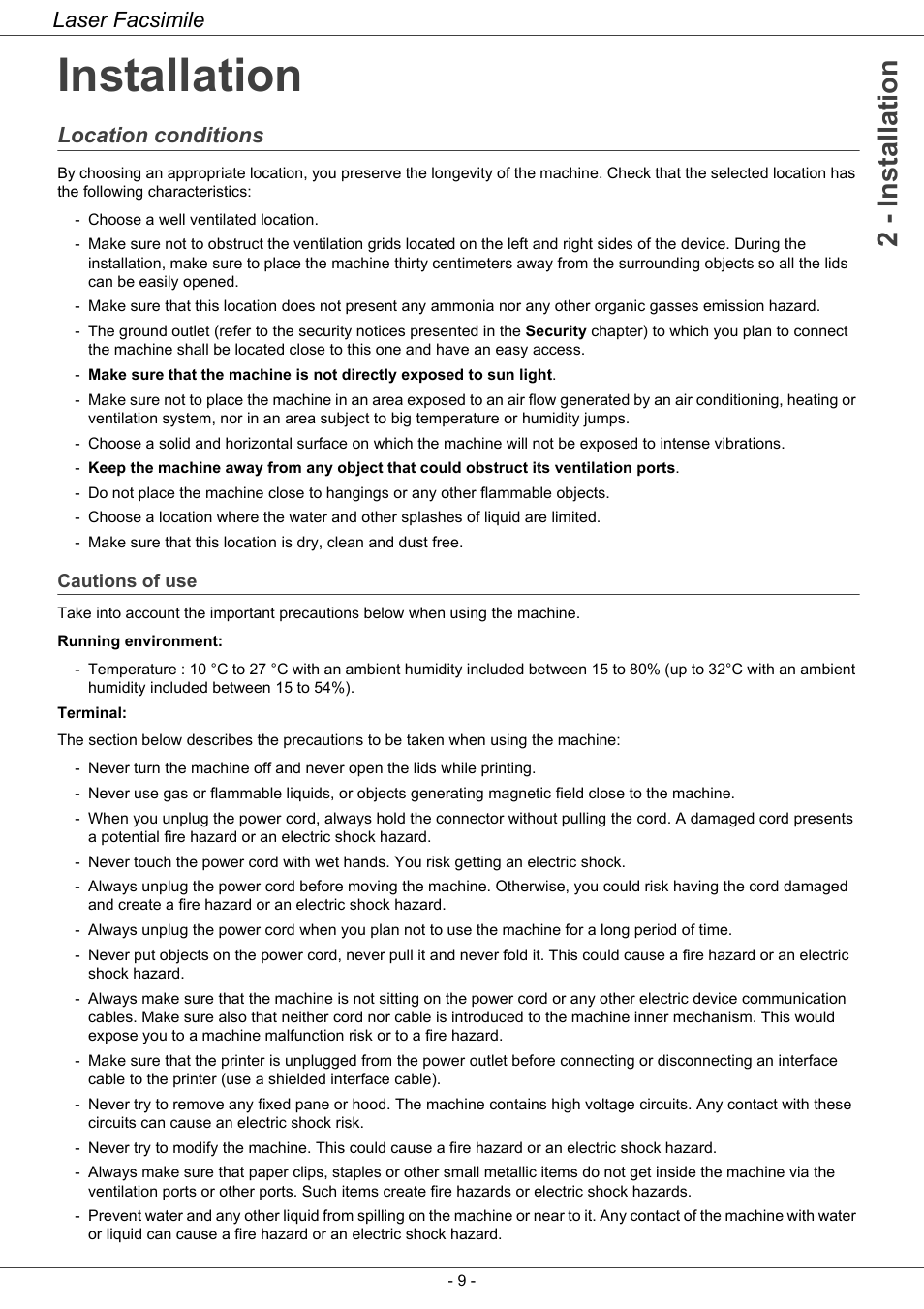 Installation, Location conditions, Cautions of use | Installation 9, 2 - installation, Laser facsimile | Ricoh LASER FACSIMILE User Manual | Page 12 / 59