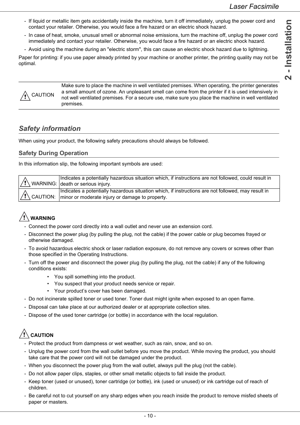 Safety information, Safety during operation, 2 - installation | Laser facsimile | Ricoh LASER FACSIMILE User Manual | Page 13 / 59