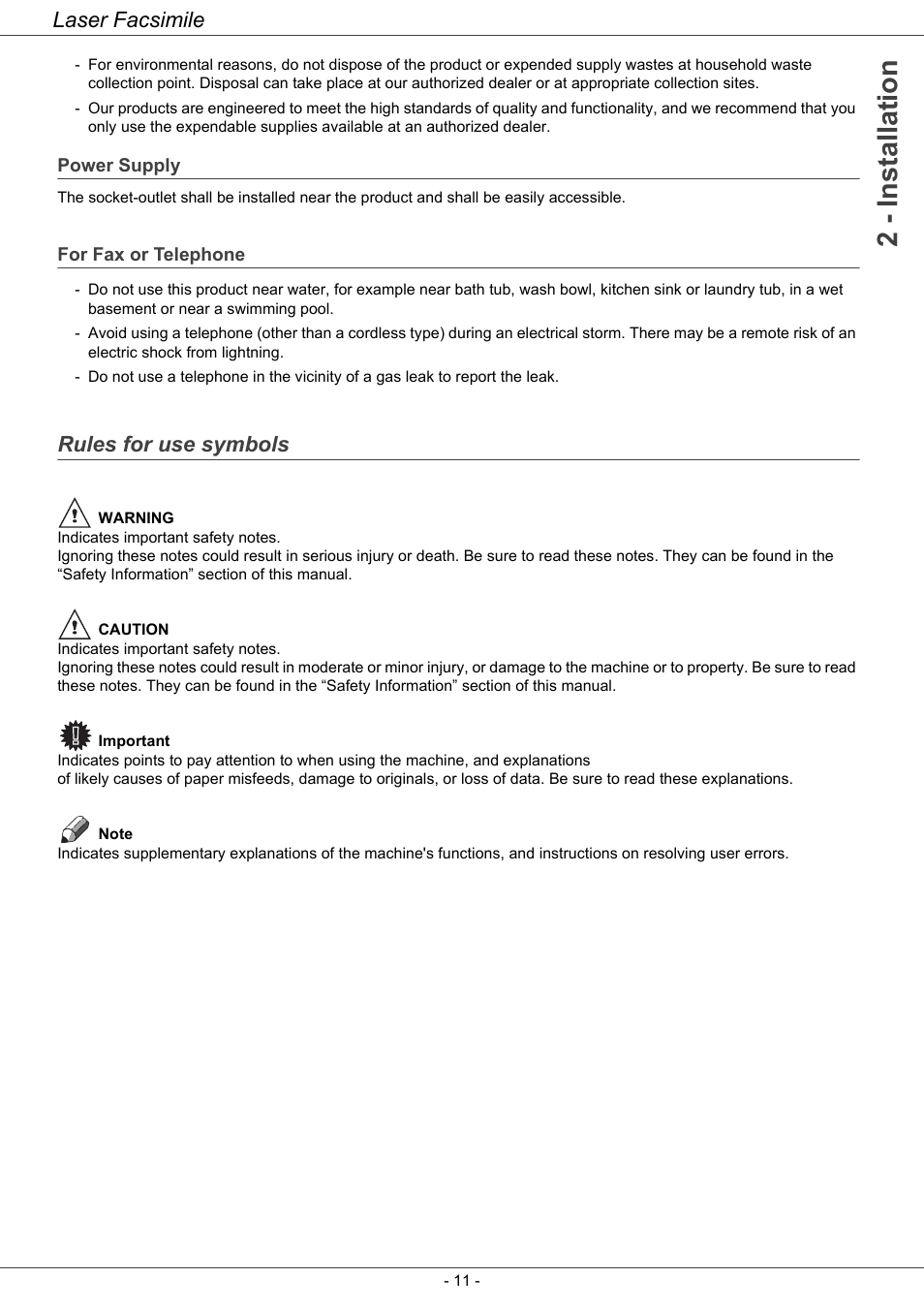 Power supply, For fax or telephone, Rules for use symbols | 2 - installation, Laser facsimile | Ricoh LASER FACSIMILE User Manual | Page 14 / 59
