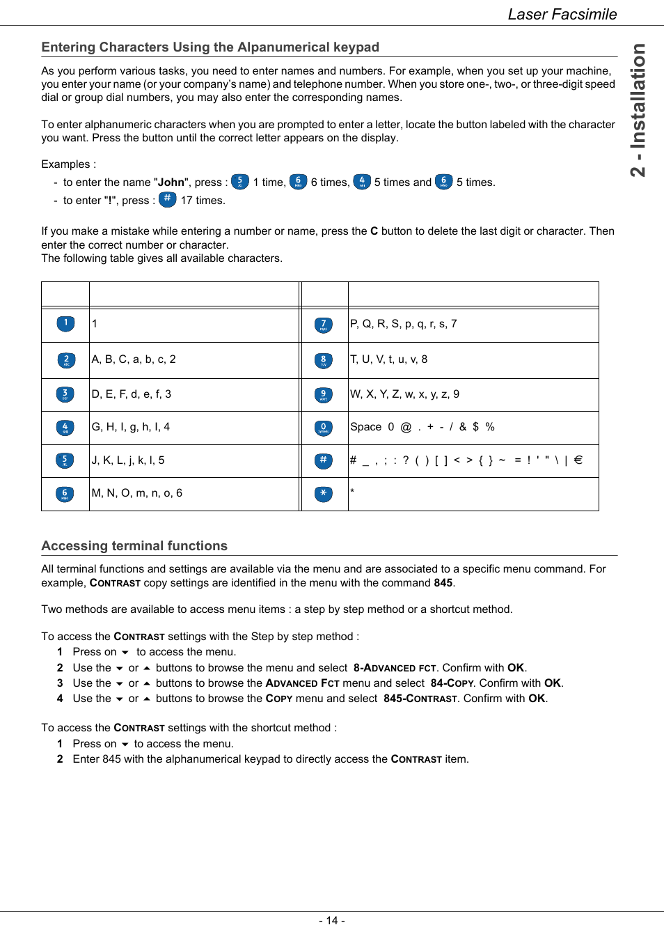 Entering characters using the alpanumerical keypad, Accessing terminal functions, Entering characters using | The alpanumerical keypad, 2 - installation, Laser facsimile | Ricoh LASER FACSIMILE User Manual | Page 17 / 59