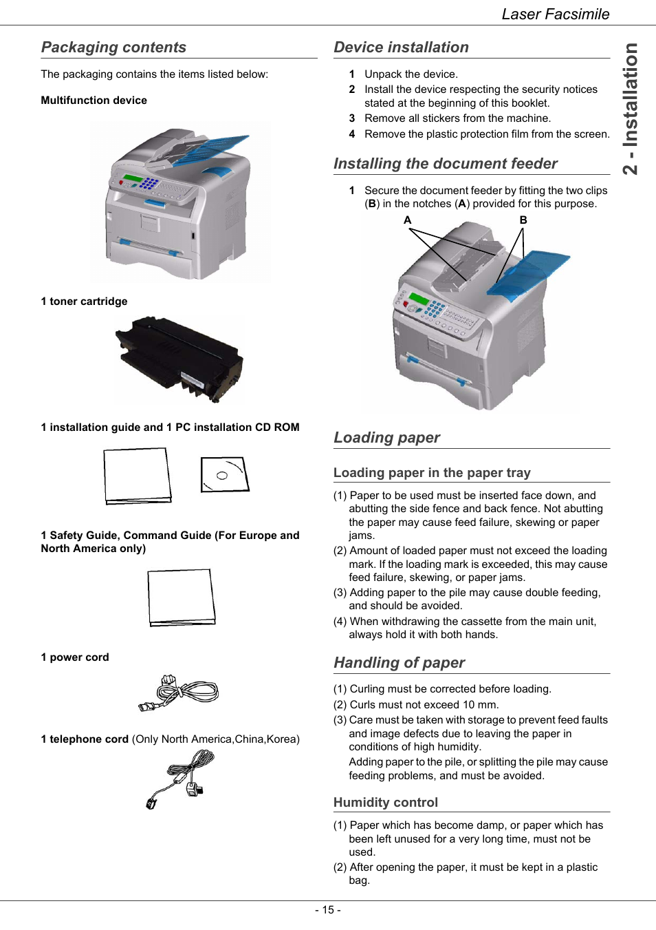 Packaging contents, Device installation, Installing the document feeder | Loading paper, Loading paper in the paper tray, Handling of paper, Humidity control, 2 - installation, Laser facsimile | Ricoh LASER FACSIMILE User Manual | Page 18 / 59