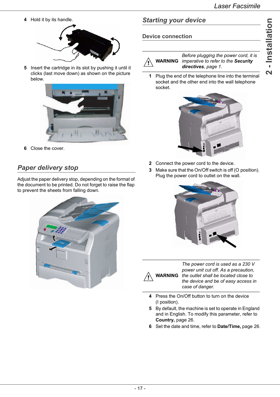 Paper delivery stop, Starting your device, Device connection | 2 - installation, Laser facsimile | Ricoh LASER FACSIMILE User Manual | Page 20 / 59