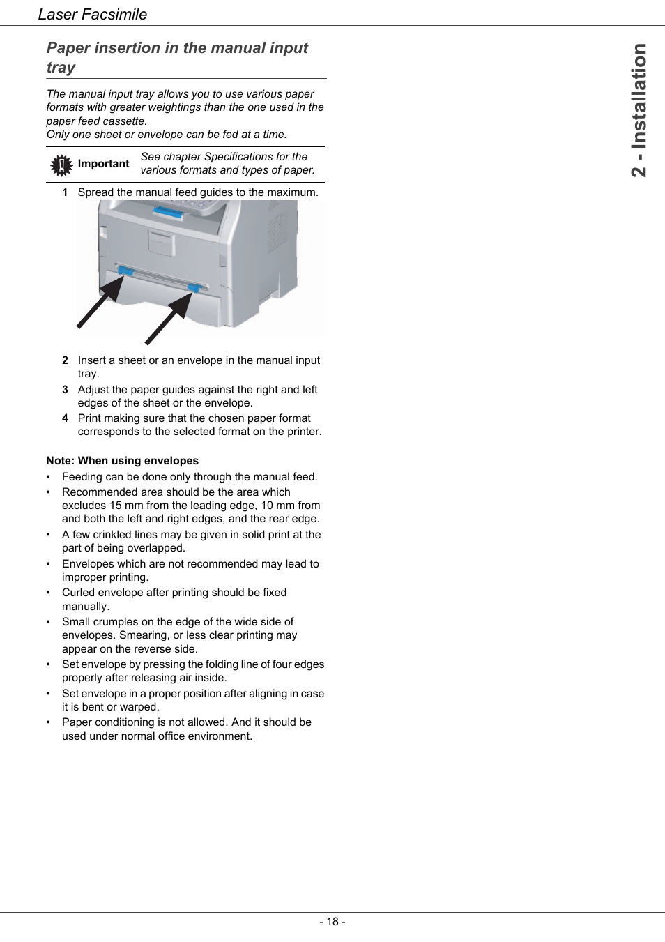 Paper insertion in the manual input tray, 2 - installation, Laser facsimile | Ricoh LASER FACSIMILE User Manual | Page 21 / 59