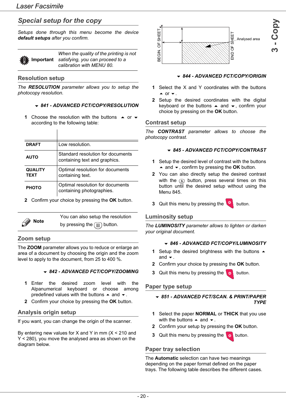 Special setup for the copy, Resolution setup, Zoom setup | Analysis origin setup, Contrast setup, Luminosity setup, Paper type setup, Paper tray selection, 3 - co py, Laser facsimile | Ricoh LASER FACSIMILE User Manual | Page 23 / 59