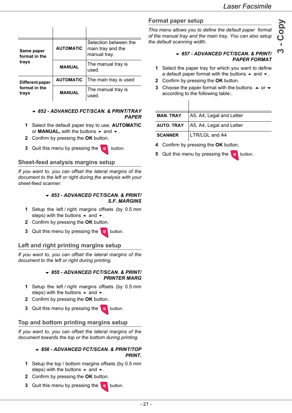 Sheet-feed analysis margins setup, Left and right printing margins setup, Top and bottom printing margins setup | Format paper setup, 3 - co py, Laser facsimile | Ricoh LASER FACSIMILE User Manual | Page 24 / 59