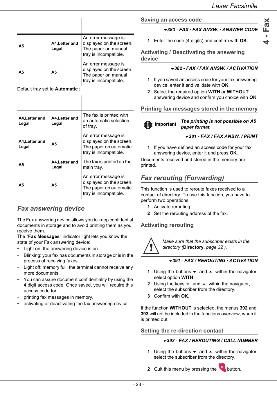 Fax answering device, Saving an access code, Activating / deactivating the answering device | Printing fax messages stored in the memory, Fax rerouting (forwarding), Activating rerouting, Setting the re-direction contact, Activating / deactivating the answering, 4 - fax, Laser facsimile | Ricoh LASER FACSIMILE User Manual | Page 26 / 59