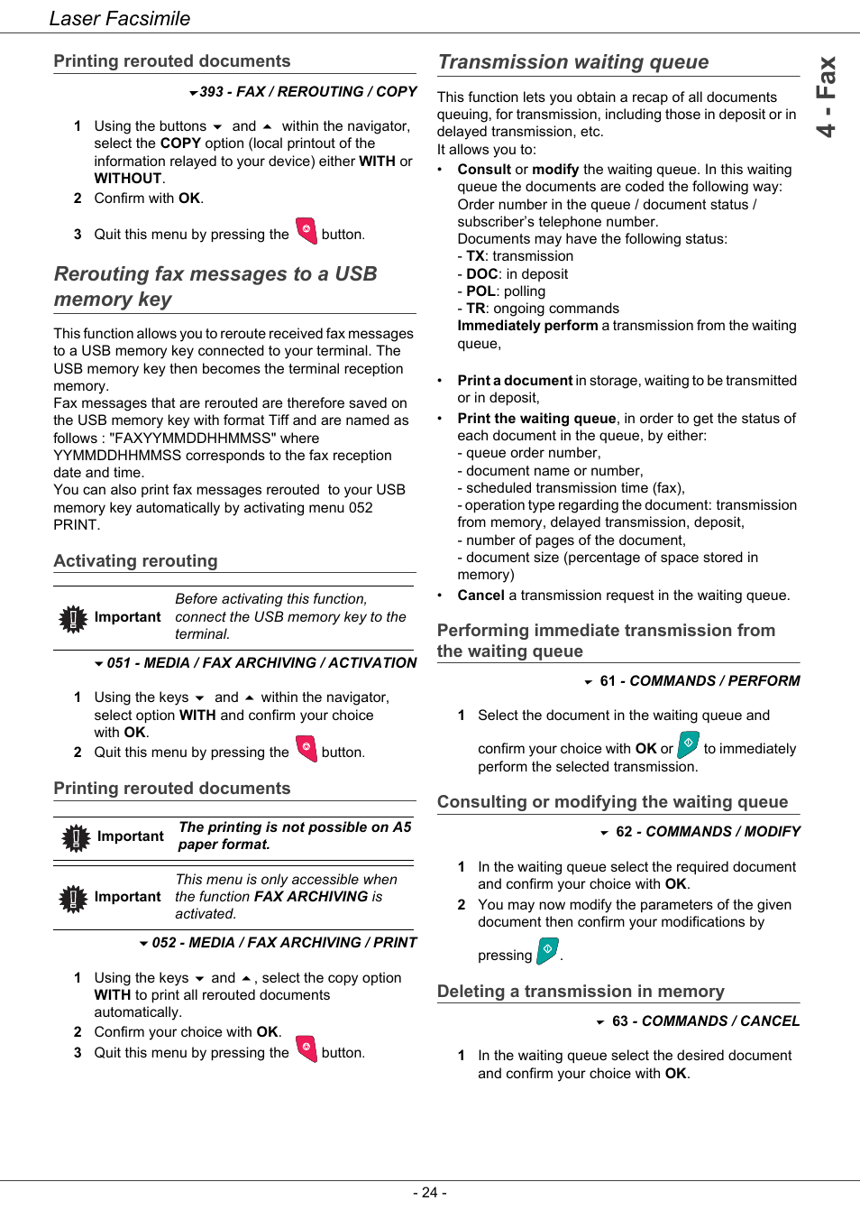 Printing rerouted documents, Rerouting fax messages to a usb memory key, Activating rerouting | Transmission waiting queue, Consulting or modifying the waiting queue, Deleting a transmission in memory, Rerouting fax messages to a usb memory key 24, Performing immediate transmission, From the waiting queue, 4 - fax | Ricoh LASER FACSIMILE User Manual | Page 27 / 59