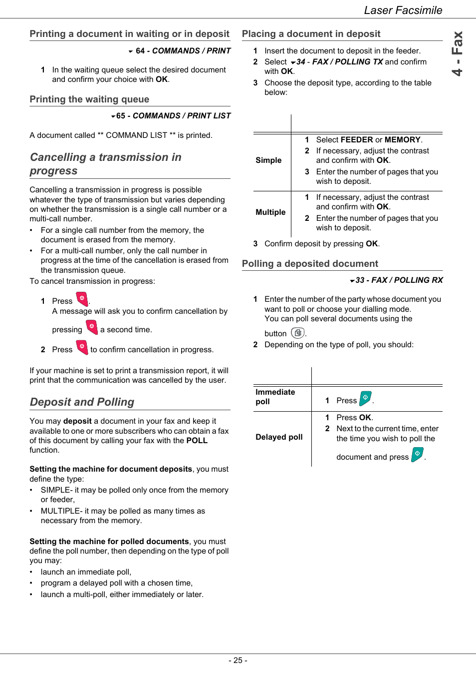 Printing a document in waiting or in deposit, Printing the waiting queue, Cancelling a transmission in progress | Deposit and polling, Placing a document in deposit, Polling a deposited document, 4 - fax, Laser facsimile | Ricoh LASER FACSIMILE User Manual | Page 28 / 59