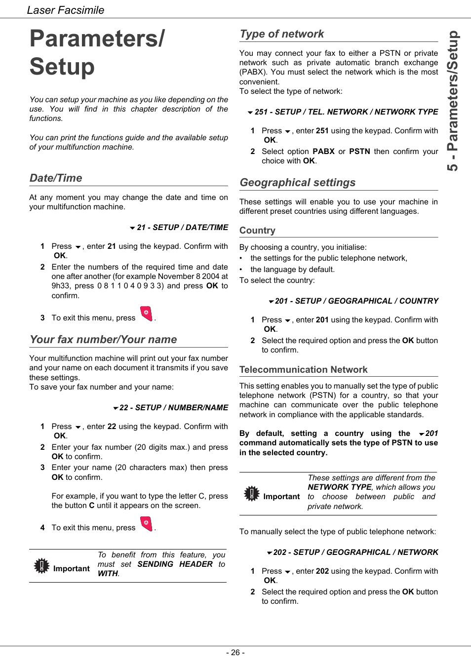 Parameters/ setup, Date/time, Your fax number/your name | Type of network, Geographical settings, Country, Telecommunication network, Parameters/setup 26, Date/time 26 your fax number/your name, Country 26 telecommunication network | Ricoh LASER FACSIMILE User Manual | Page 29 / 59