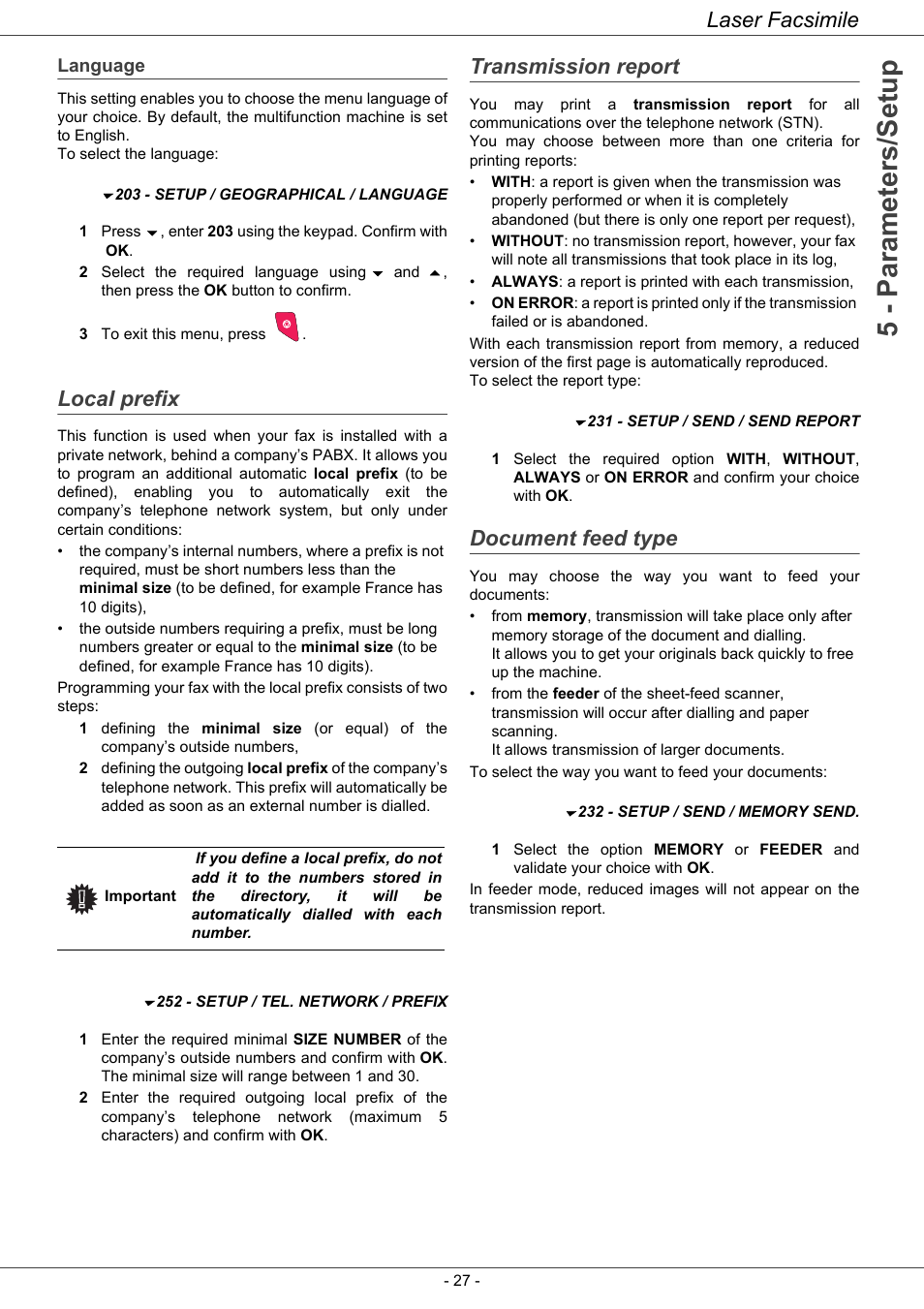 Language, Local prefix, Transmission report | Document feed type, Language 27, 5 - parameters/setup, Laser facsimile | Ricoh LASER FACSIMILE User Manual | Page 30 / 59