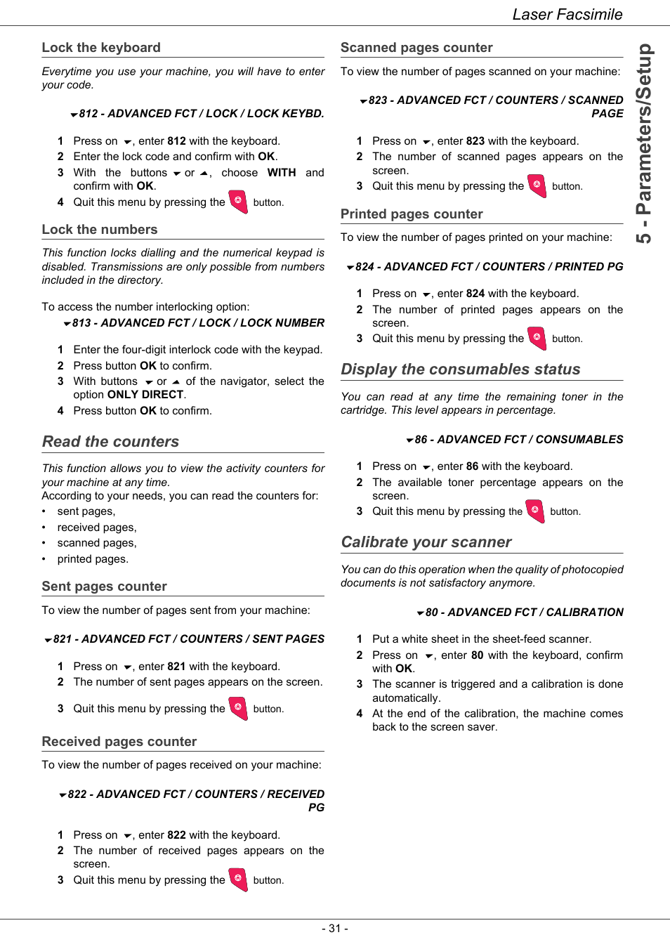 Lock the keyboard, Lock the numbers, Read the counters | Display the consumables status, Calibrate your scanner, 5 - parameters/setup, Laser facsimile | Ricoh LASER FACSIMILE User Manual | Page 34 / 59