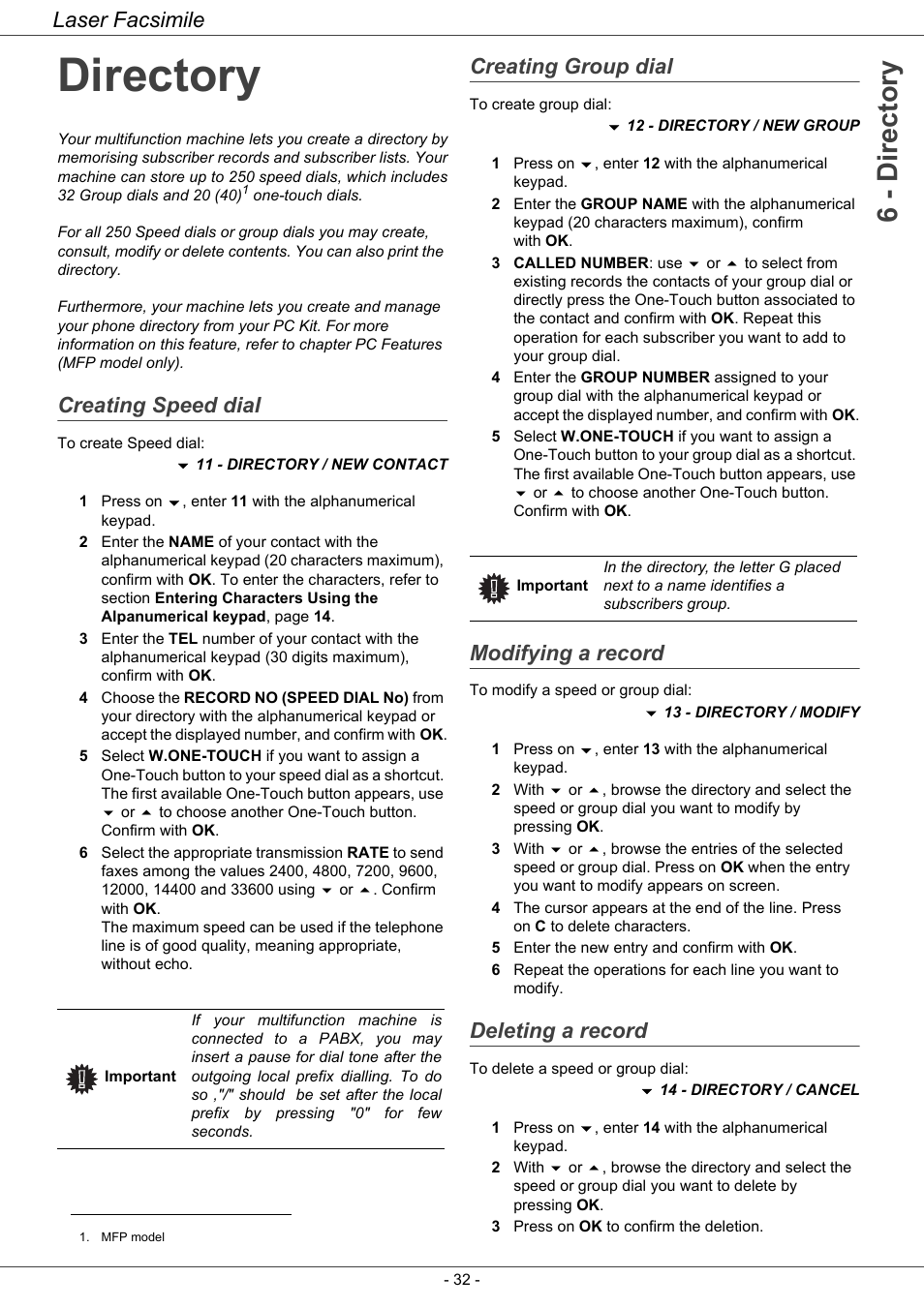 Directory, Creating speed dial, Creating group dial | Modifying a record, Deleting a record, Directory 32, 6 - directory, Laser facsimile | Ricoh LASER FACSIMILE User Manual | Page 35 / 59