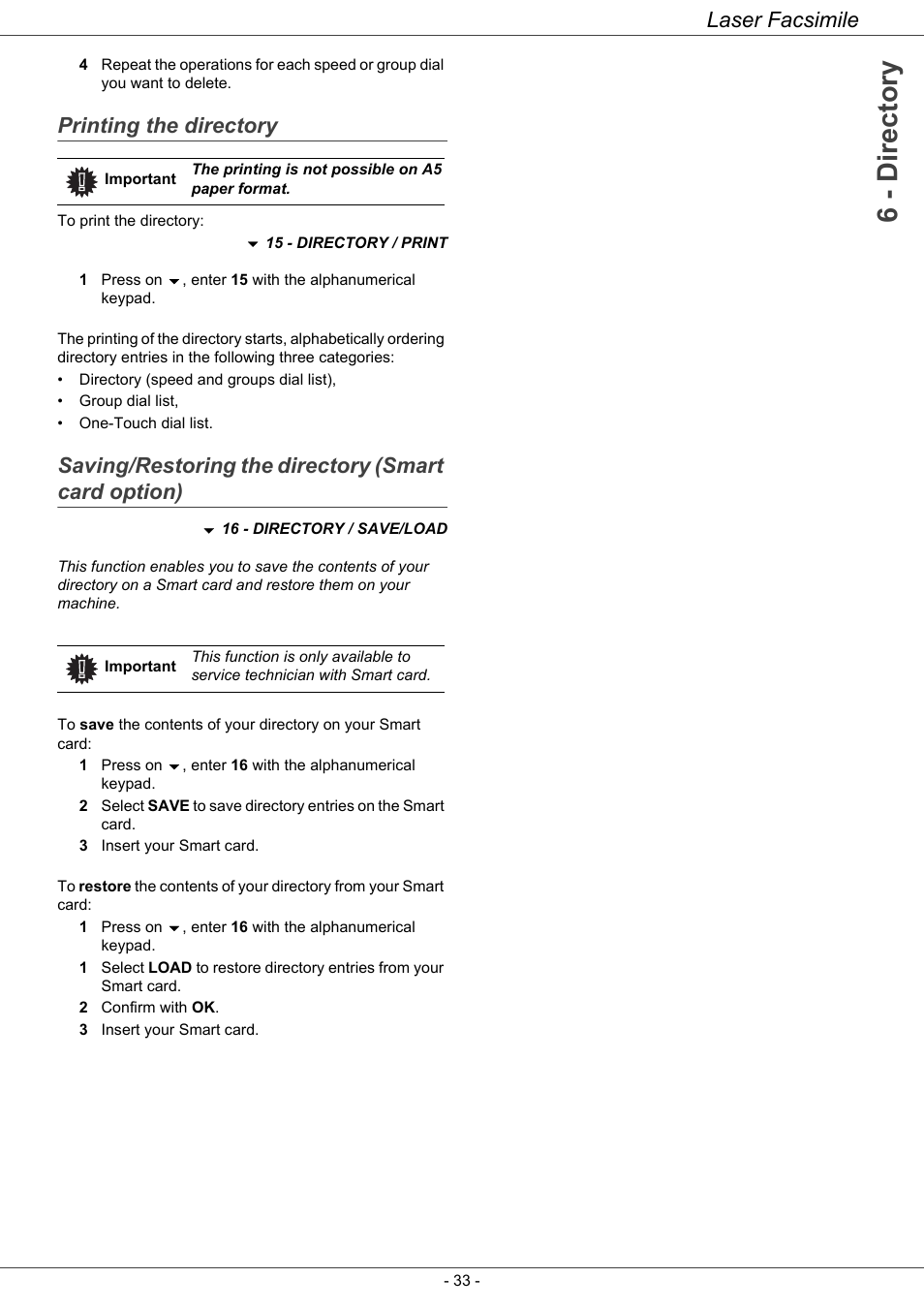 Printing the directory, Saving/restoring the directory (smart card option), Saving/restoring the directory | Smart card option), 6 - directory, Laser facsimile | Ricoh LASER FACSIMILE User Manual | Page 36 / 59