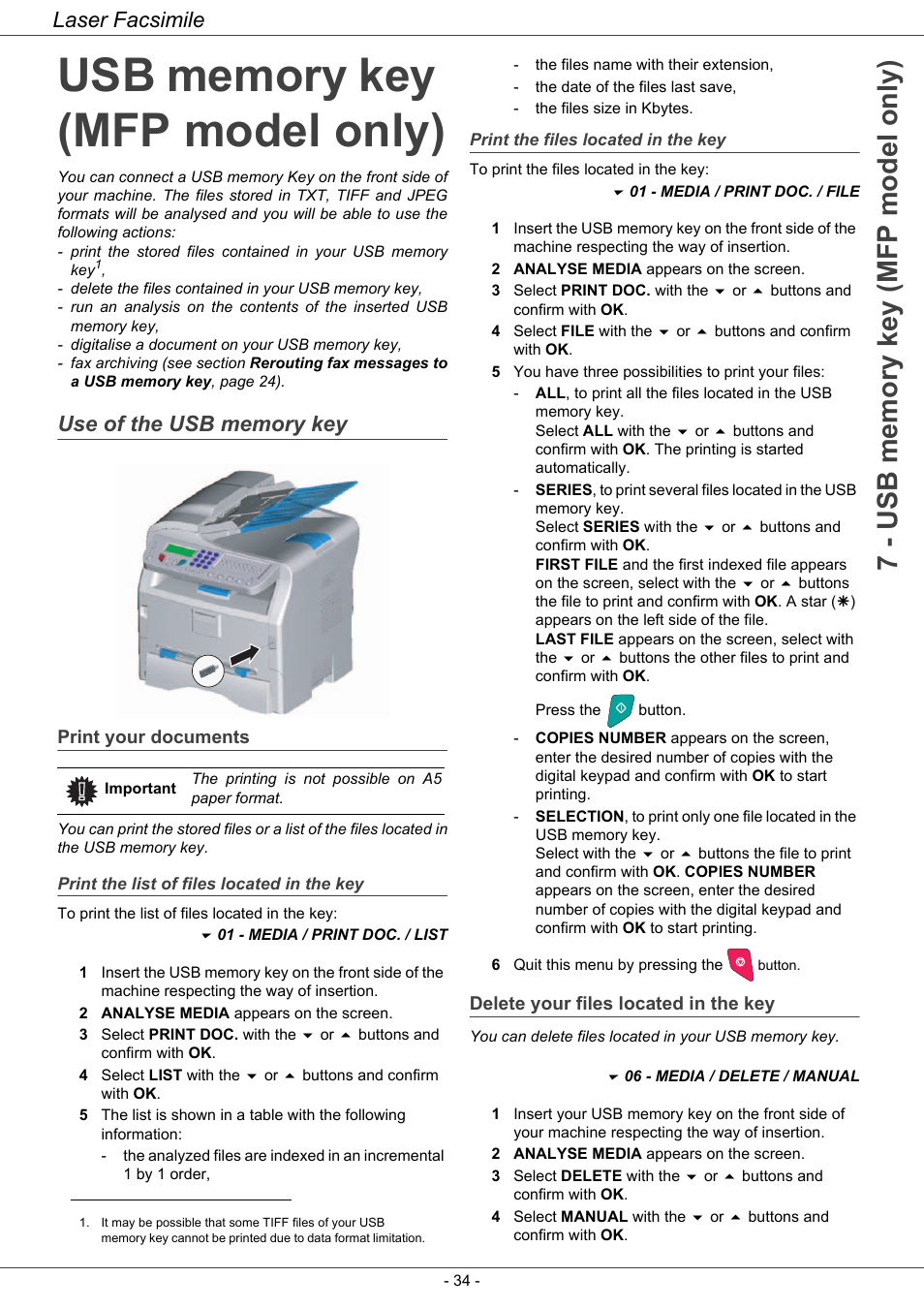 Usb memory key (mfp model only), Use of the usb memory key, Print your documents | Delete your files located in the key, Print the list of files located in the key, Print the files located in the key, Laser facsimile | Ricoh LASER FACSIMILE User Manual | Page 37 / 59