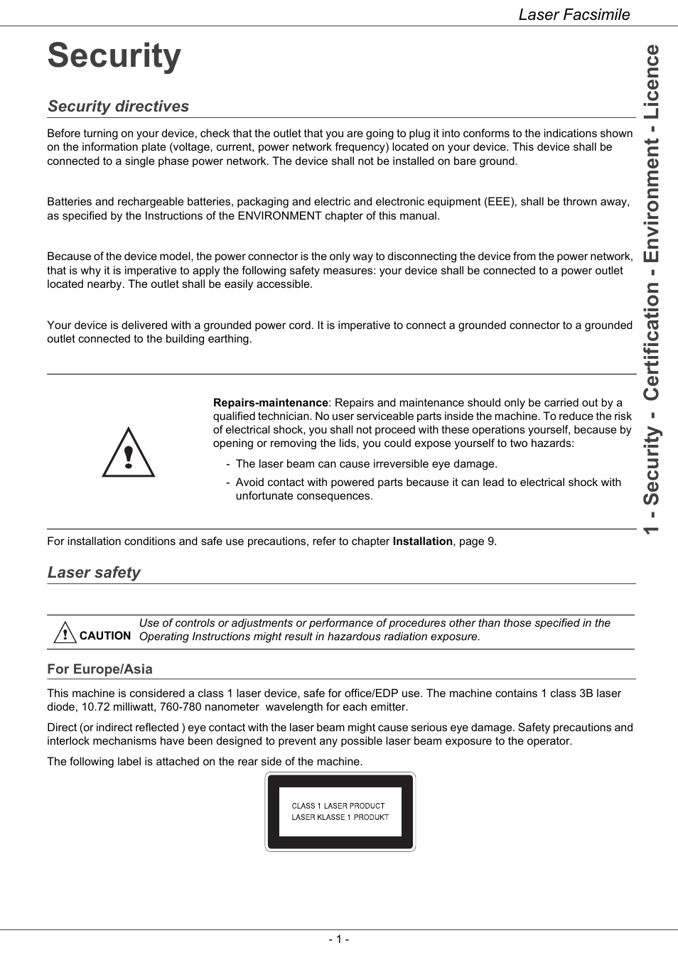 Security, Security directives, Laser safety | For europe/asia, Security 1 | Ricoh LASER FACSIMILE User Manual | Page 4 / 59