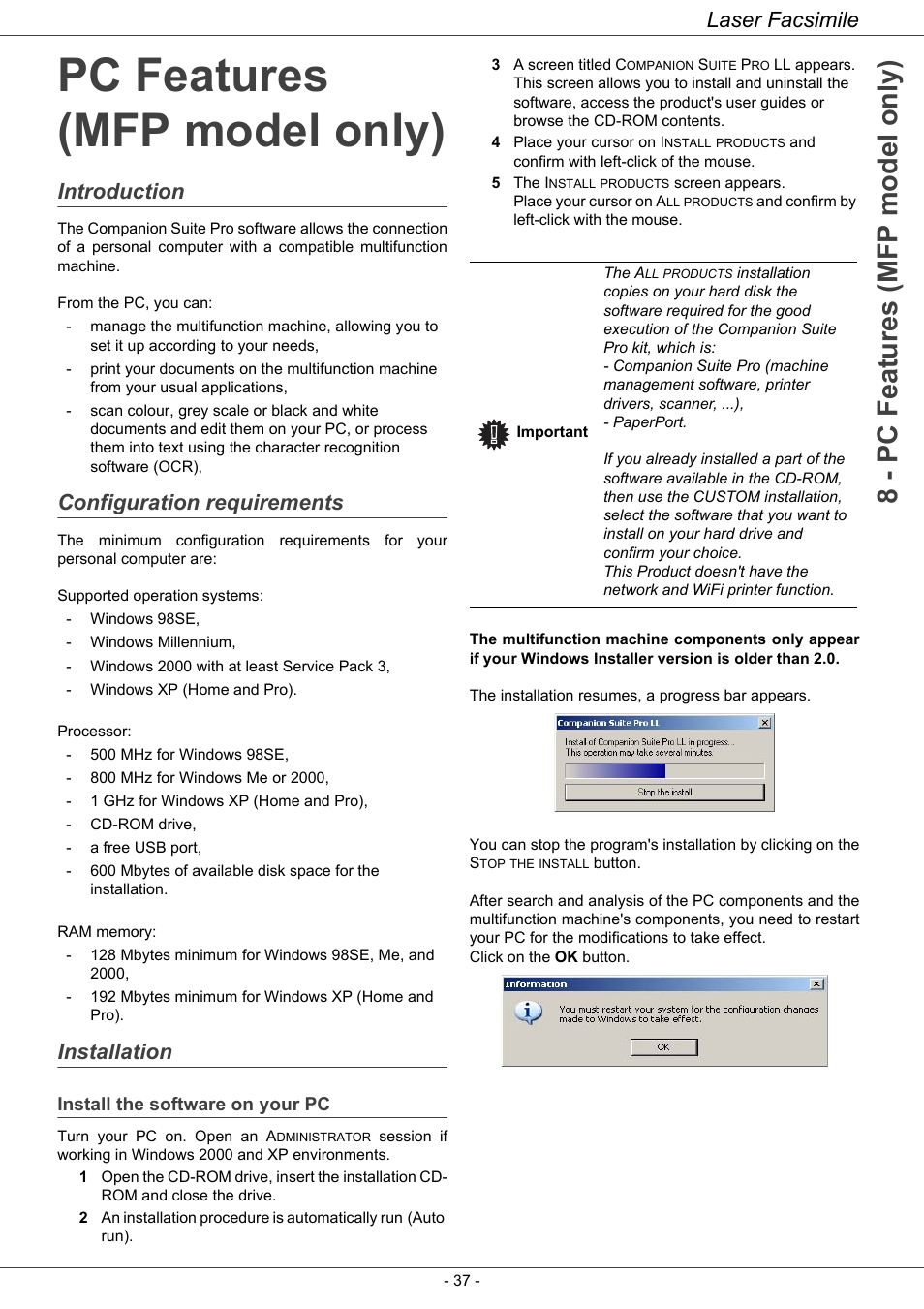 Pc features (mfp model only), Introduction, Configuration requirements | Installation, Install the software on your pc, Introduction 37 configuration requirements, Installation 37, 8 - pc features (mfp model only), Laser facsimile | Ricoh LASER FACSIMILE User Manual | Page 40 / 59