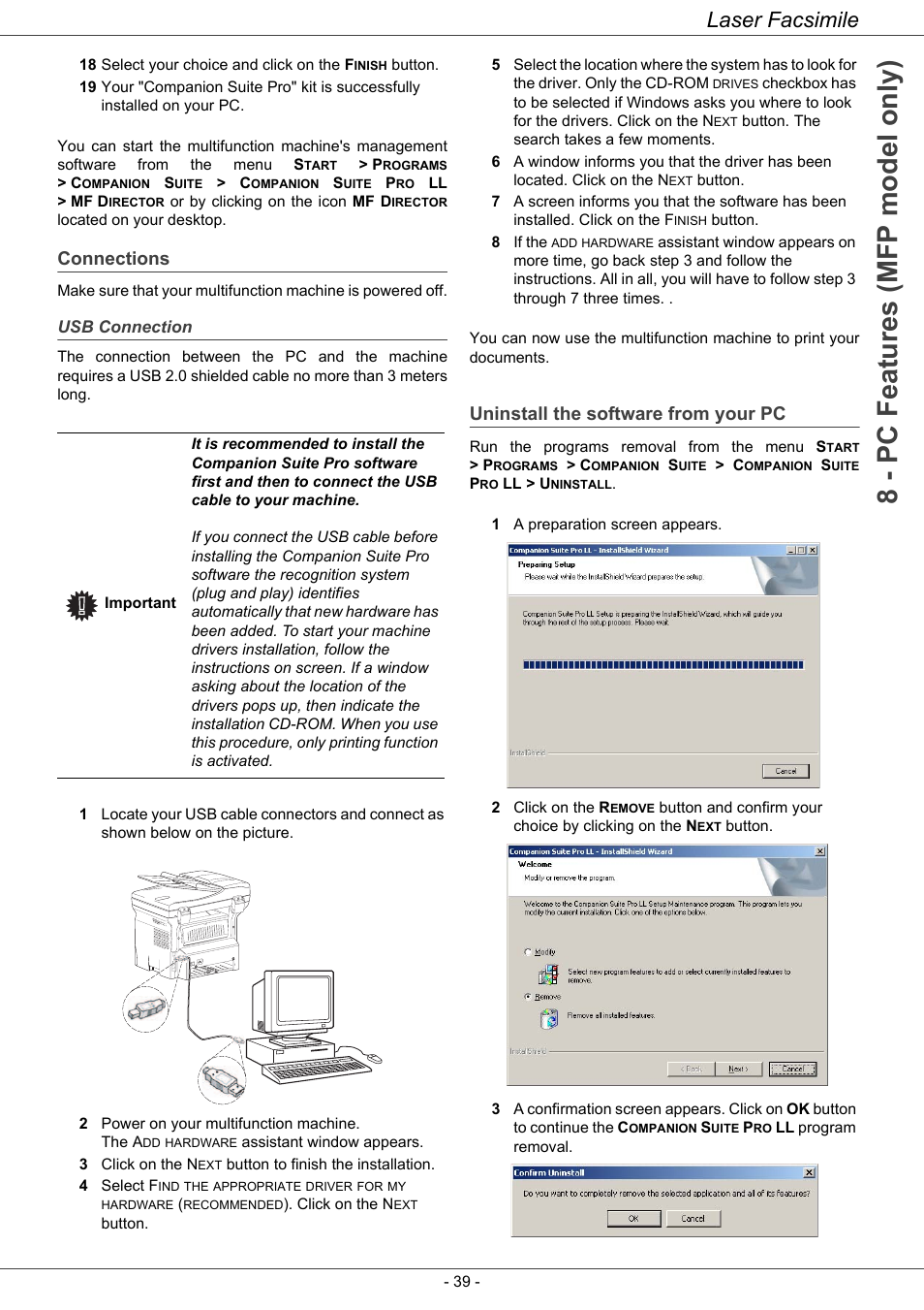 Connections, Uninstall the software from your pc, Connections 39 | Usb connection, 8 - pc features (mfp model only), Laser facsimile | Ricoh LASER FACSIMILE User Manual | Page 42 / 59