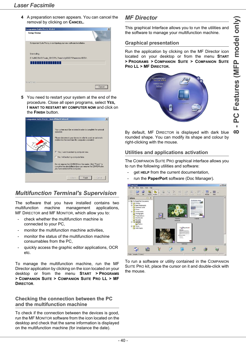 Multifunction terminal's supervision, Mf director, Graphical presentation | Utilities and applications activation, Checking the connection between the pc, And the multifunction machine, 8 - pc features (mfp model only), Laser facsimile | Ricoh LASER FACSIMILE User Manual | Page 43 / 59