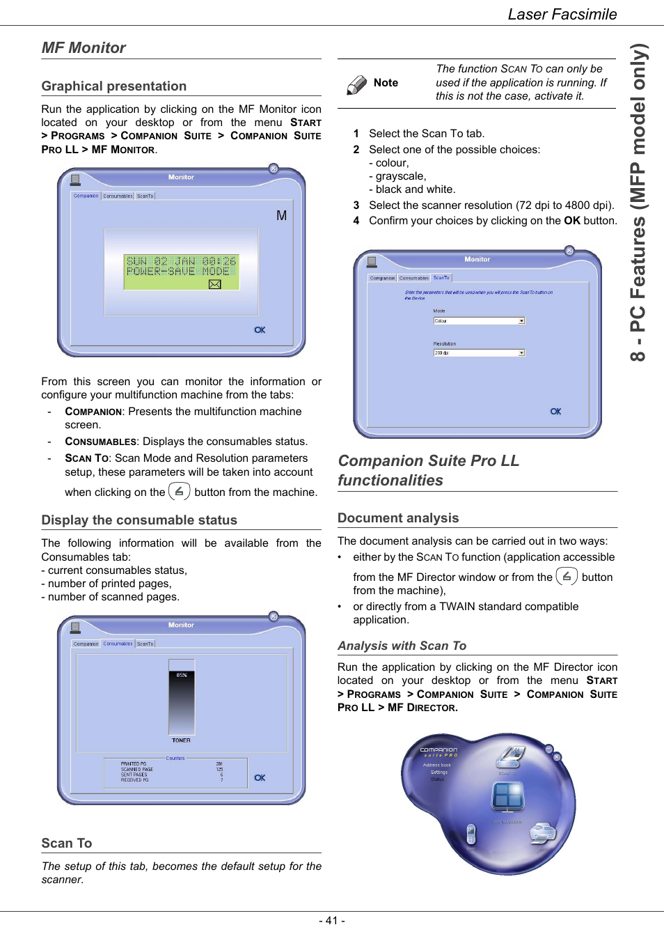 Mf monitor, Graphical presentation, Display the consumable status | Scan to, Companion suite pro ll functionalities, Document analysis, Analysis with scan to, 8 - pc features (mfp model only), Laser facsimile | Ricoh LASER FACSIMILE User Manual | Page 44 / 59