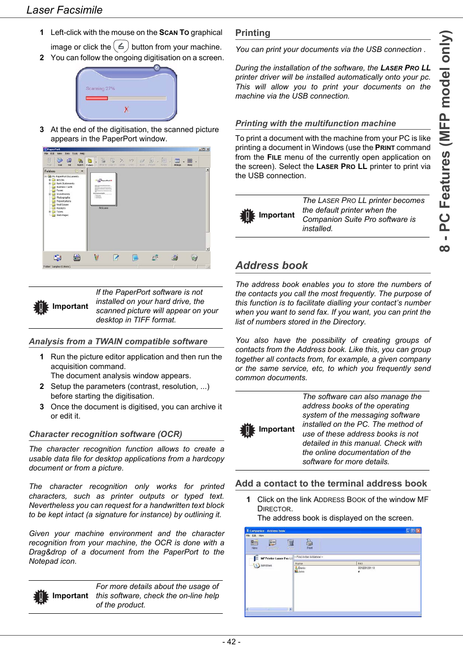 Printing, Address book, Add a contact to the terminal address book | Analysis from a twain compatible software, Character recognition software (ocr), Printing 42, Printing with the multifunction machine, 8 - pc features (mfp model only), Laser facsimile | Ricoh LASER FACSIMILE User Manual | Page 45 / 59