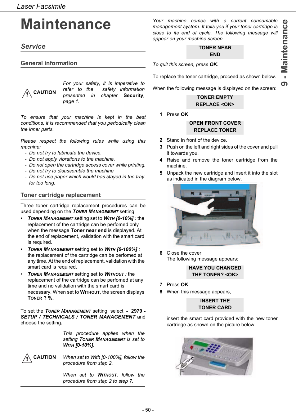 Maintenance, Service, General information | Toner cartridge replacement, Maintenance 50, Service 50, 9 - maintenance, Laser facsimile | Ricoh LASER FACSIMILE User Manual | Page 53 / 59