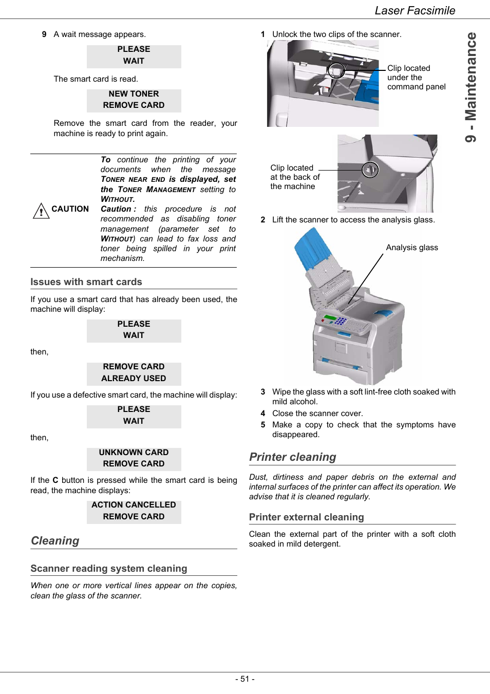 Issues with smart cards, Cleaning, Scanner reading system cleaning | Printer cleaning, Printer external cleaning, Cleaning 51, 9 - maintenance, Laser facsimile | Ricoh LASER FACSIMILE User Manual | Page 54 / 59