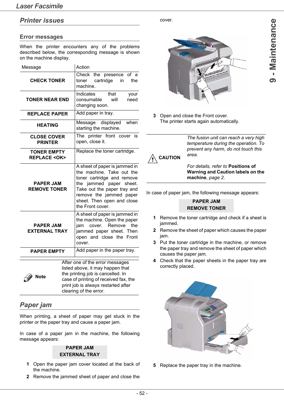 Printer issues, Error messages, Paper jam | 9 - maintenance, Laser facsimile | Ricoh LASER FACSIMILE User Manual | Page 55 / 59