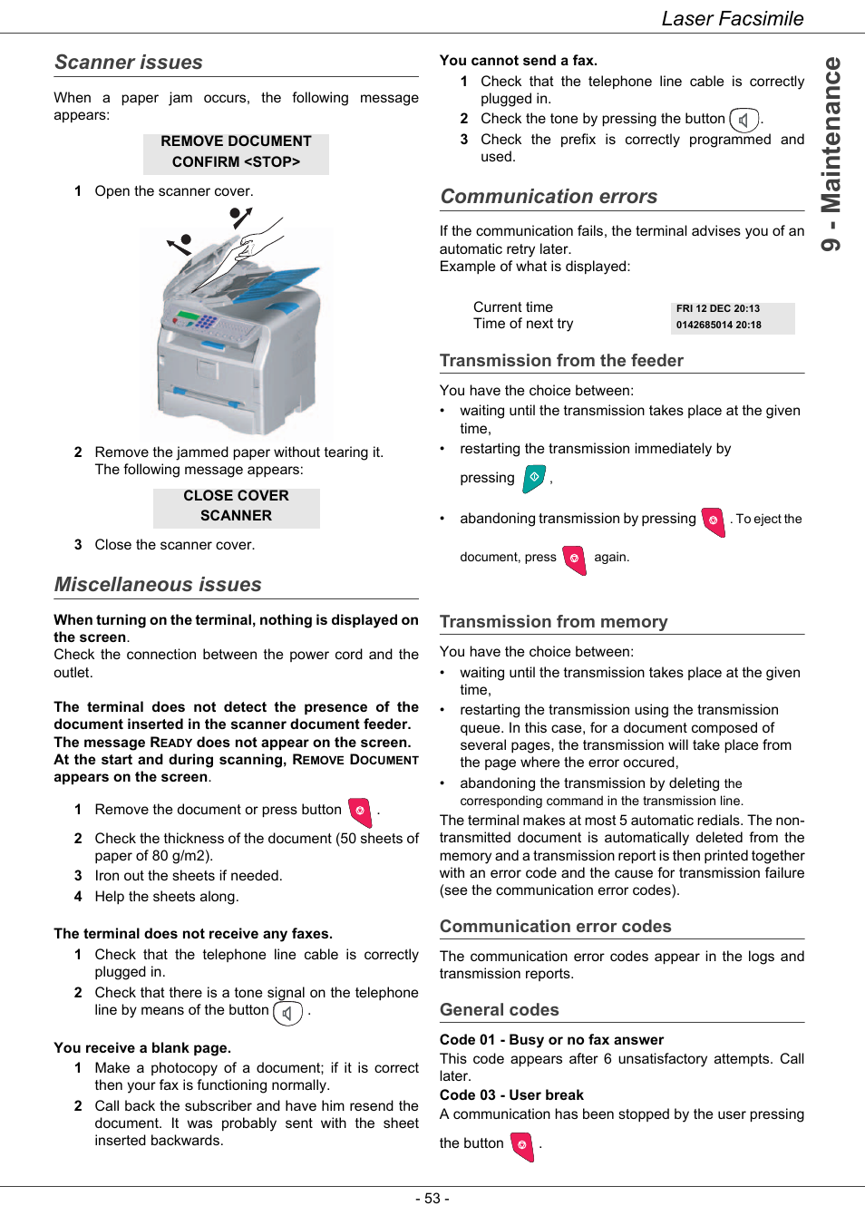 Scanner issues, Miscellaneous issues, Communication errors | Transmission from the feeder, Transmission from memory, Communication error codes, General codes, 9 - maintenance, Laser facsimile | Ricoh LASER FACSIMILE User Manual | Page 56 / 59