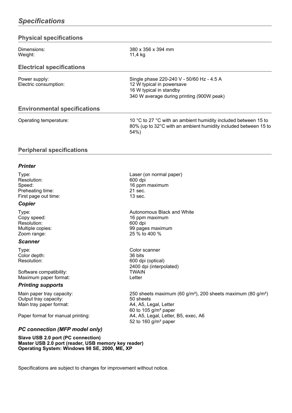Specifications, Physical specifications, Electrical specifications | Environmental specifications, Peripheral specifications, Specifications 55 | Ricoh LASER FACSIMILE User Manual | Page 58 / 59