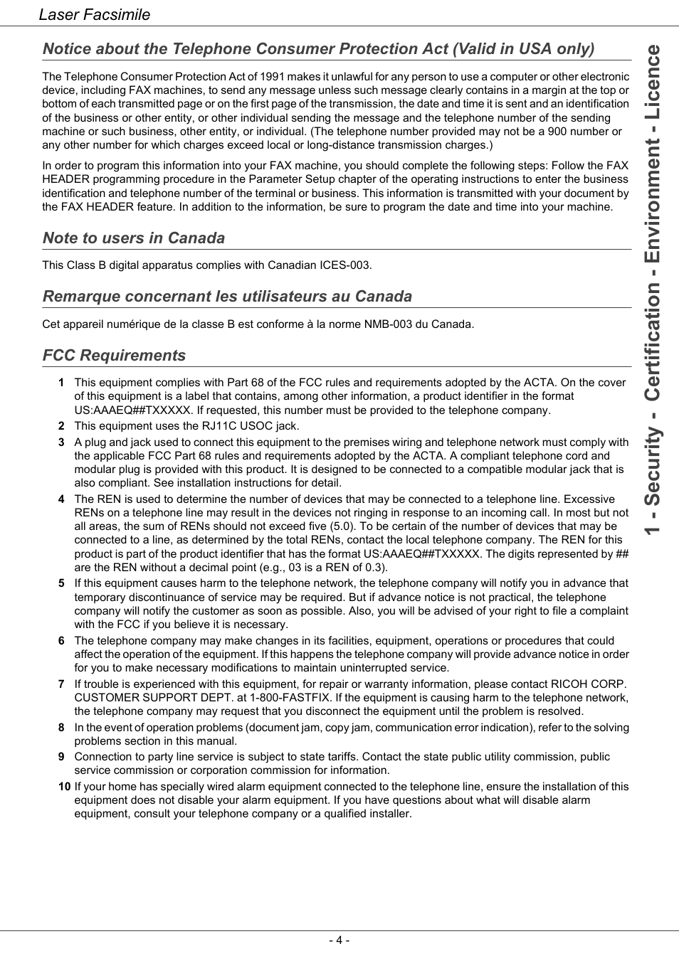 Note to users in canada, Remarque concernant les utilisateurs au canada, Fcc requirements | Notice about the telephone consumer, Protection act (valid in usa only), Laser facsimile | Ricoh LASER FACSIMILE User Manual | Page 7 / 59