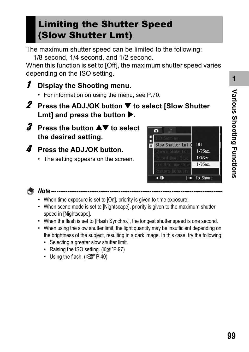 Limiting the shutter speed (slow shutter lmt) | Ricoh R8 User Manual | Page 101 / 211