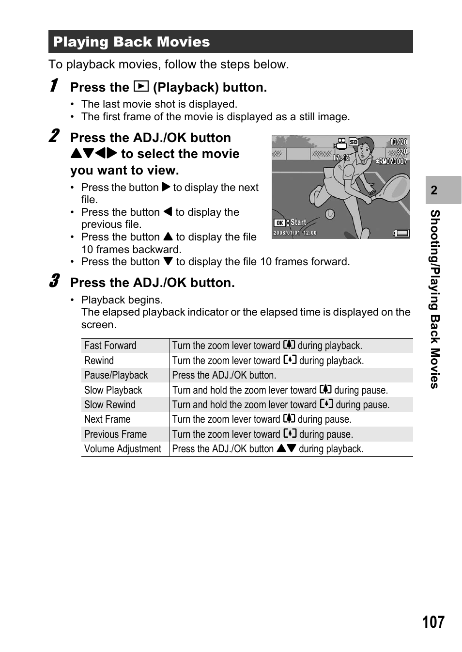 Playing back movies, Press the 6 (playback) button, Press the adj./ok button | Ricoh R8 User Manual | Page 109 / 211