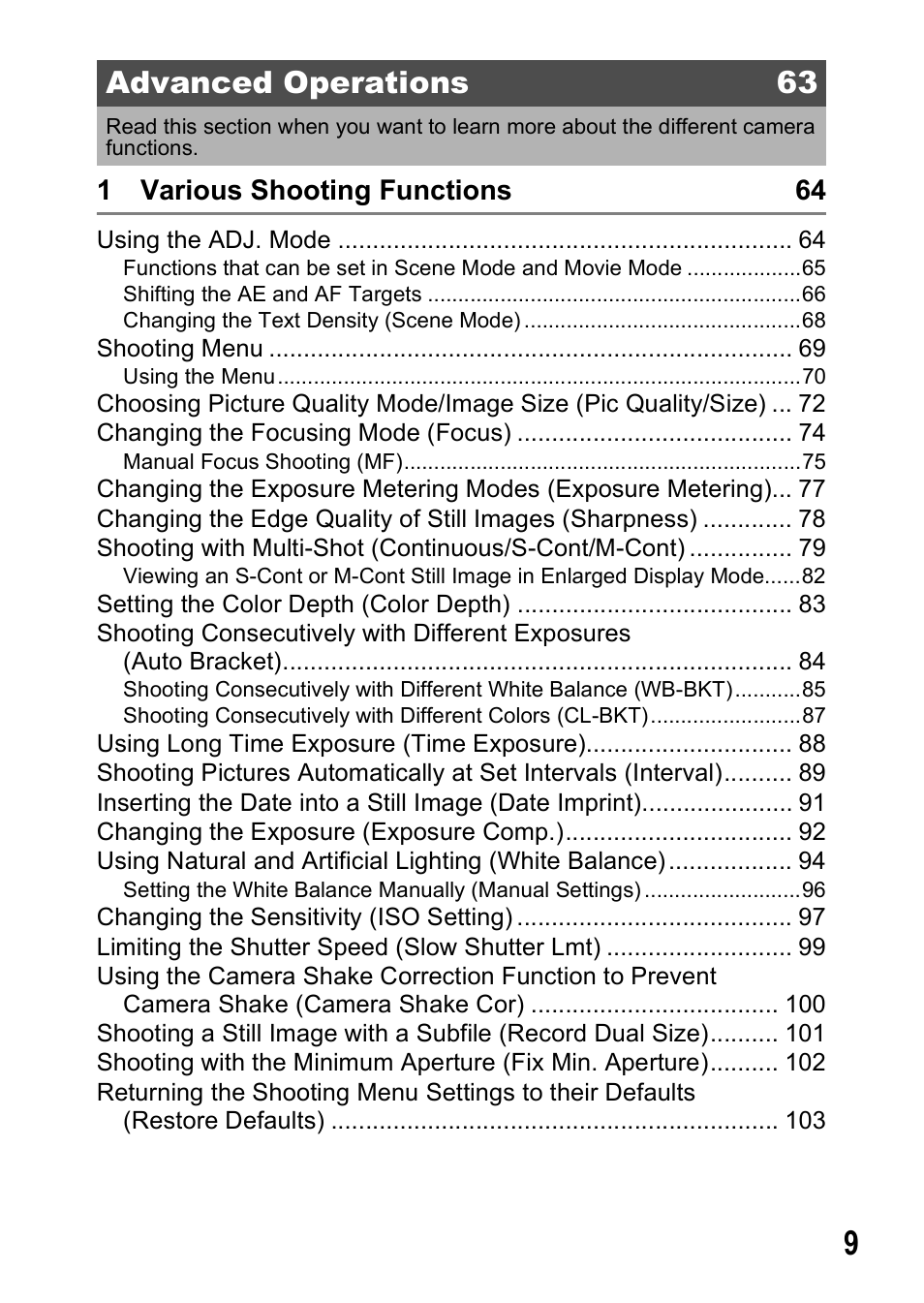 Advanced operations 63, 1 various shooting functions 64 | Ricoh R8 User Manual | Page 11 / 211