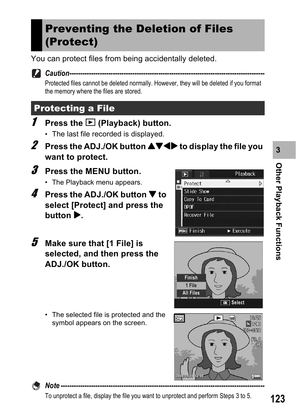 Preventing the deletion of files (protect), Protecting a file | Ricoh R8 User Manual | Page 125 / 211