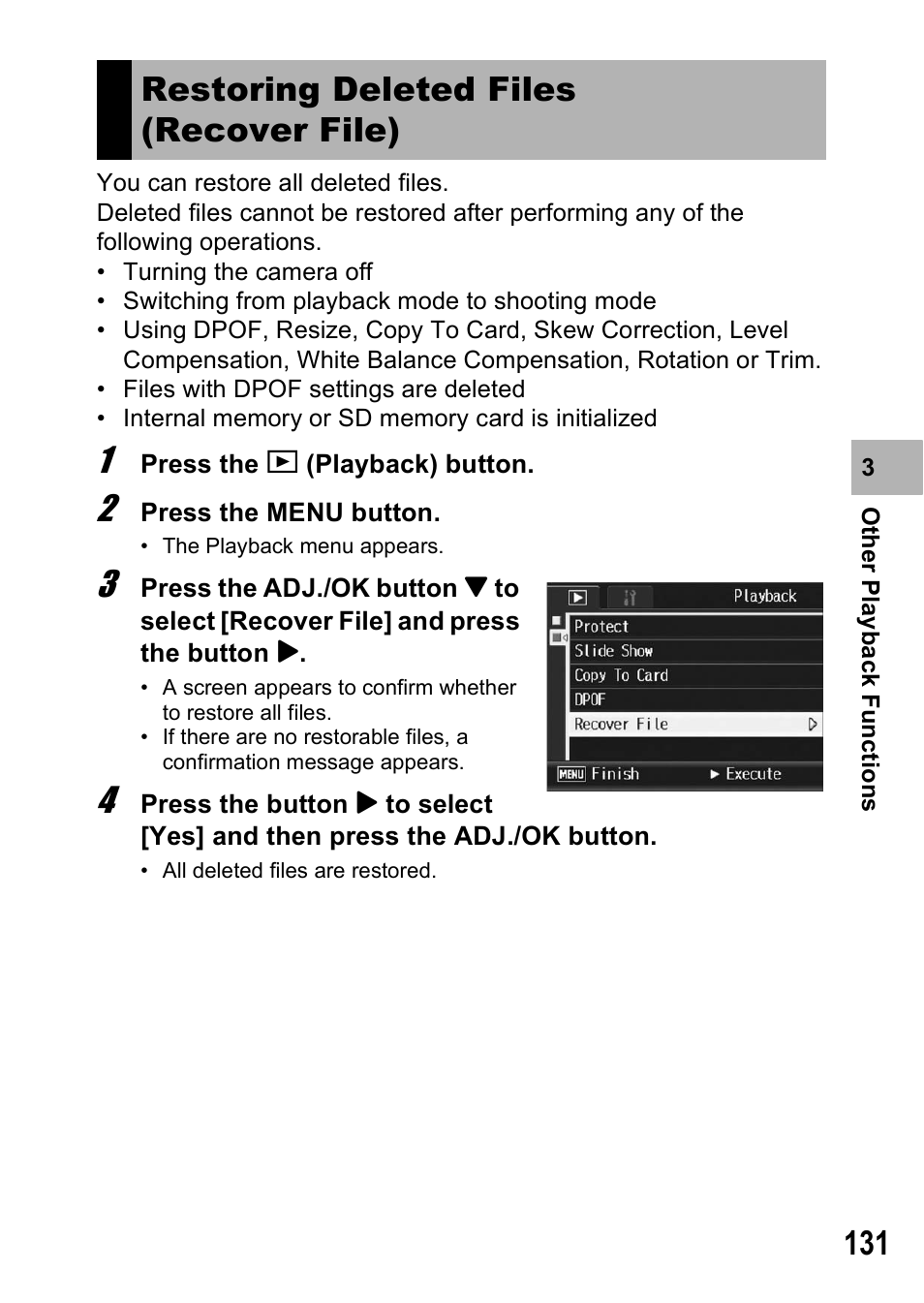 Restoring deleted files (recover file) | Ricoh R8 User Manual | Page 133 / 211