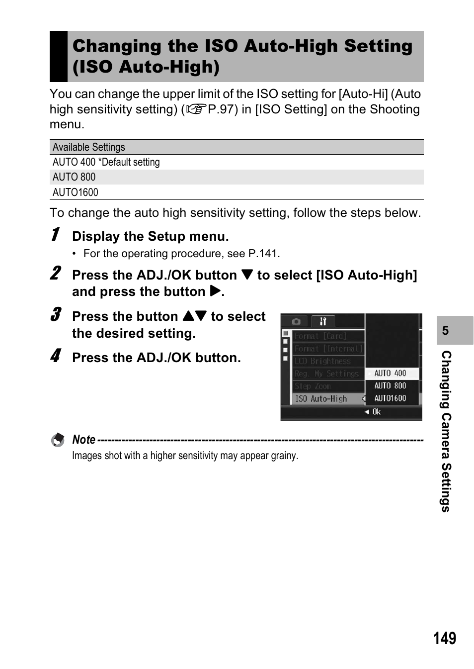 Changing the iso auto-high setting (iso auto-high) | Ricoh R8 User Manual | Page 151 / 211